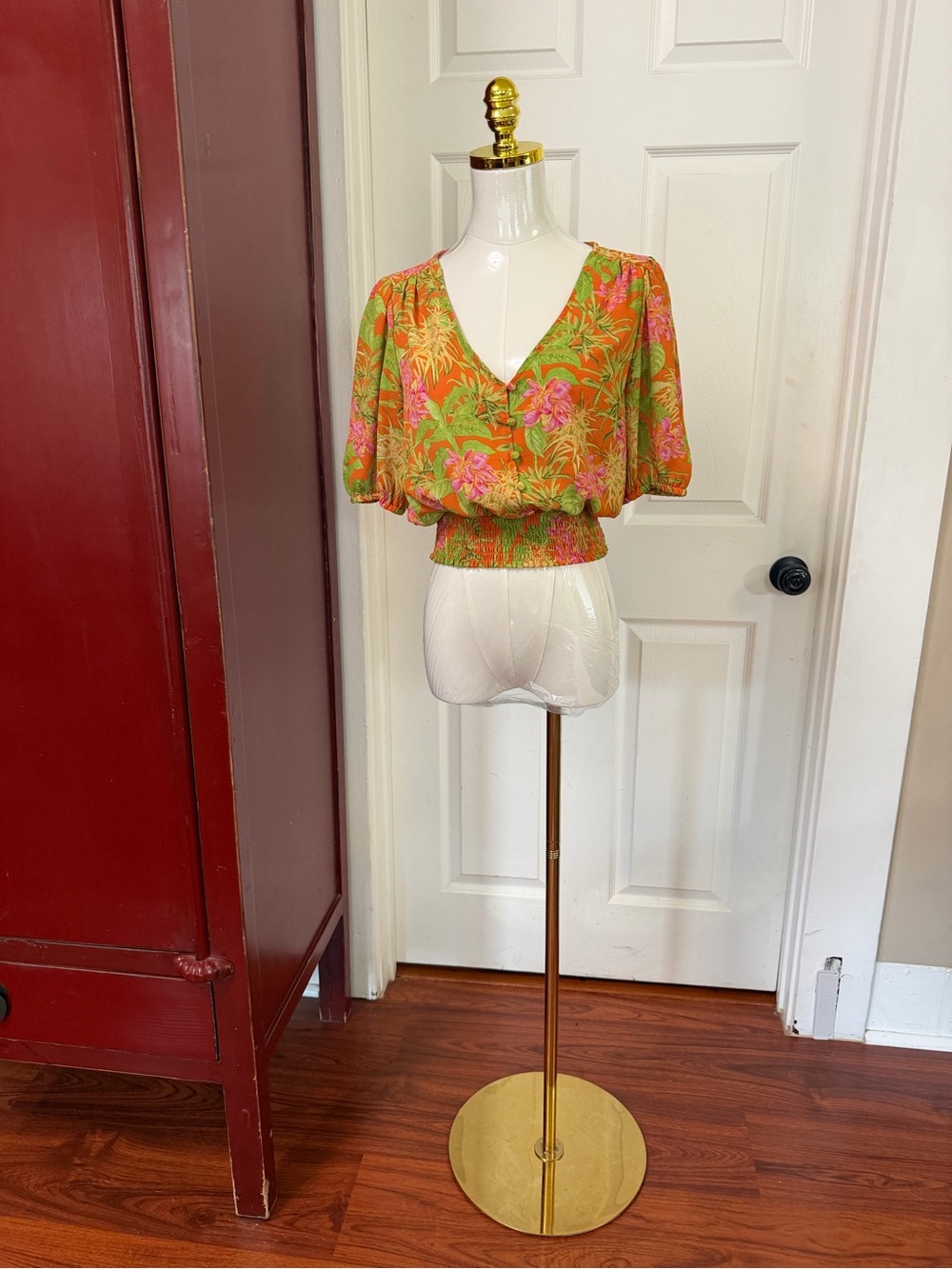 Rose & Olive Green Floral V-Neck Smocked Crop Top